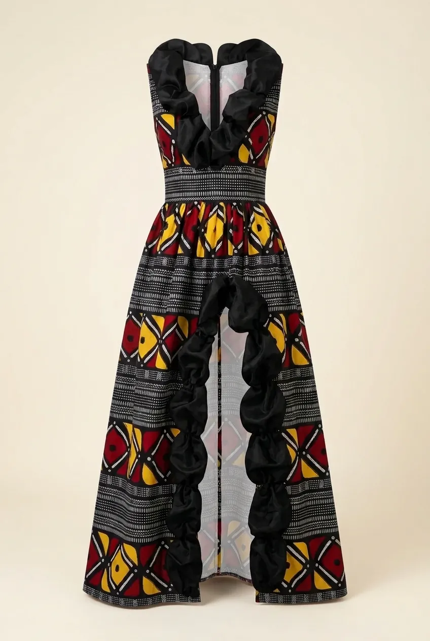 Robe longue à motif géométrique rouge, jaune et noir